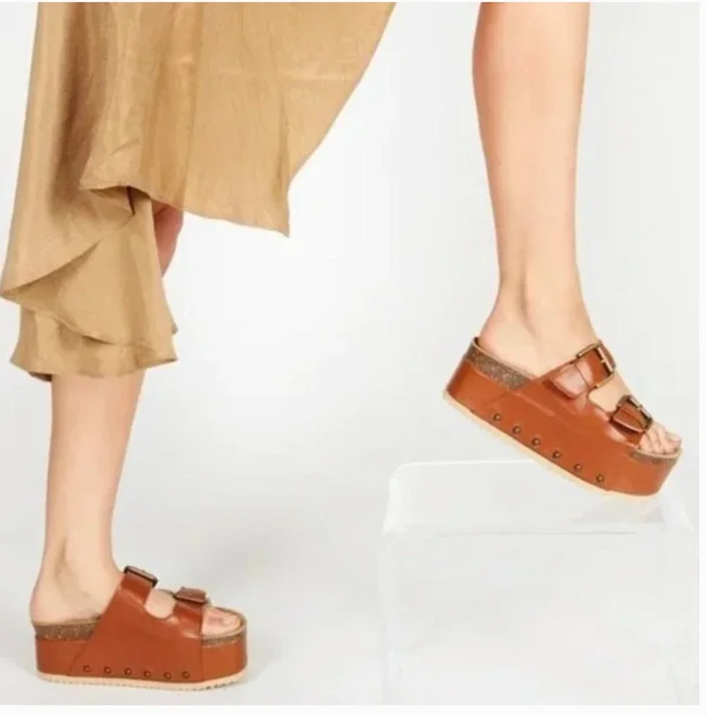 Free People Rule Breaker Platform Sandals in Chestnut Leather 37 NEW
